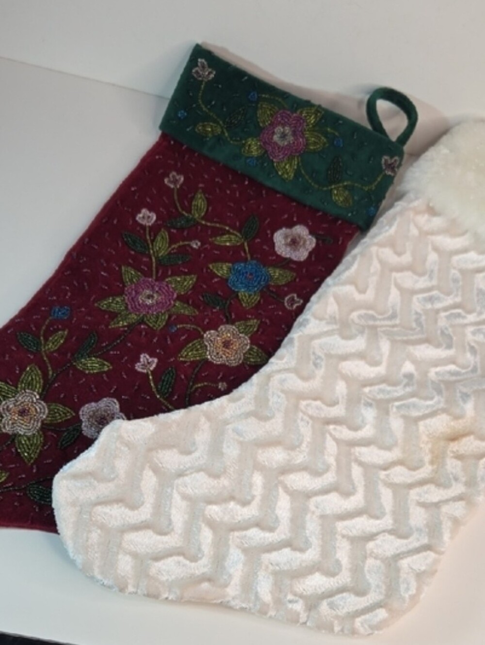 Christmas Stockings Set Glam Burgundy Green Beaded & White Fuzzy Sparkly Large - Picture 3 of 12